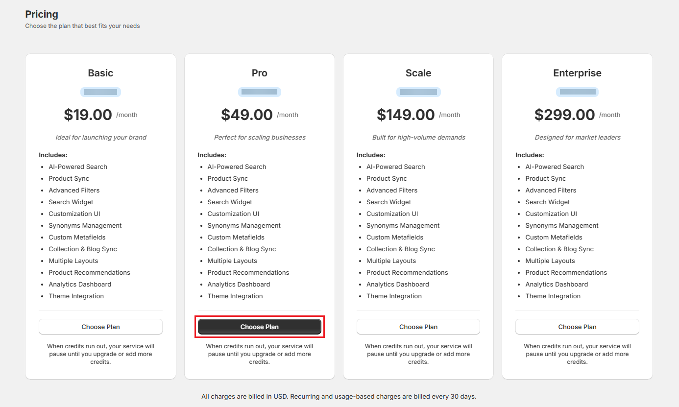 Screenshot of Surge Subscription Plans