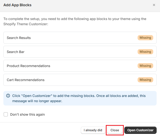 Screenshot of Surge Add App Blocks Modal-Close Modal