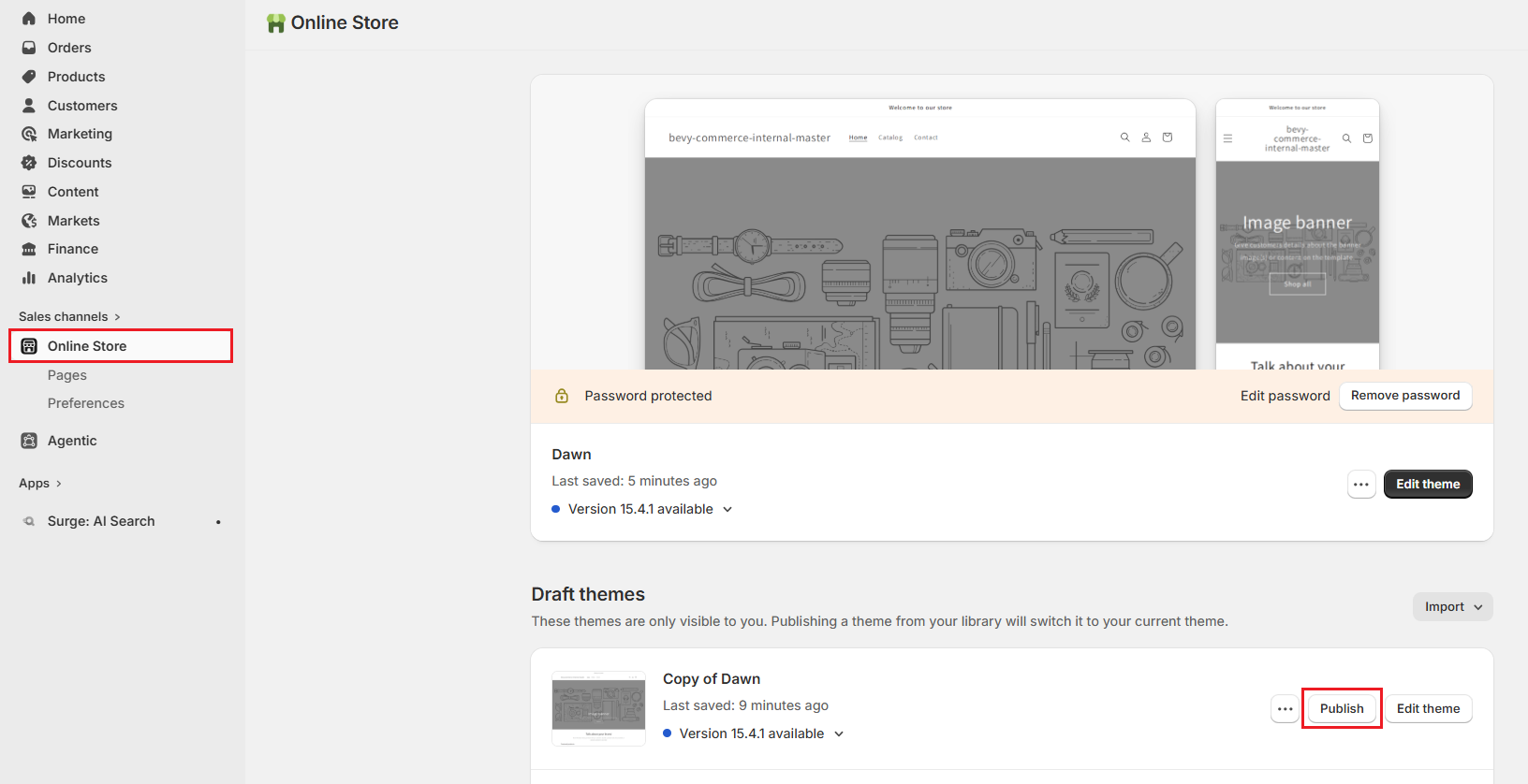 Screenshot of Shopify Theme Editor-Publish Duplicate Theme