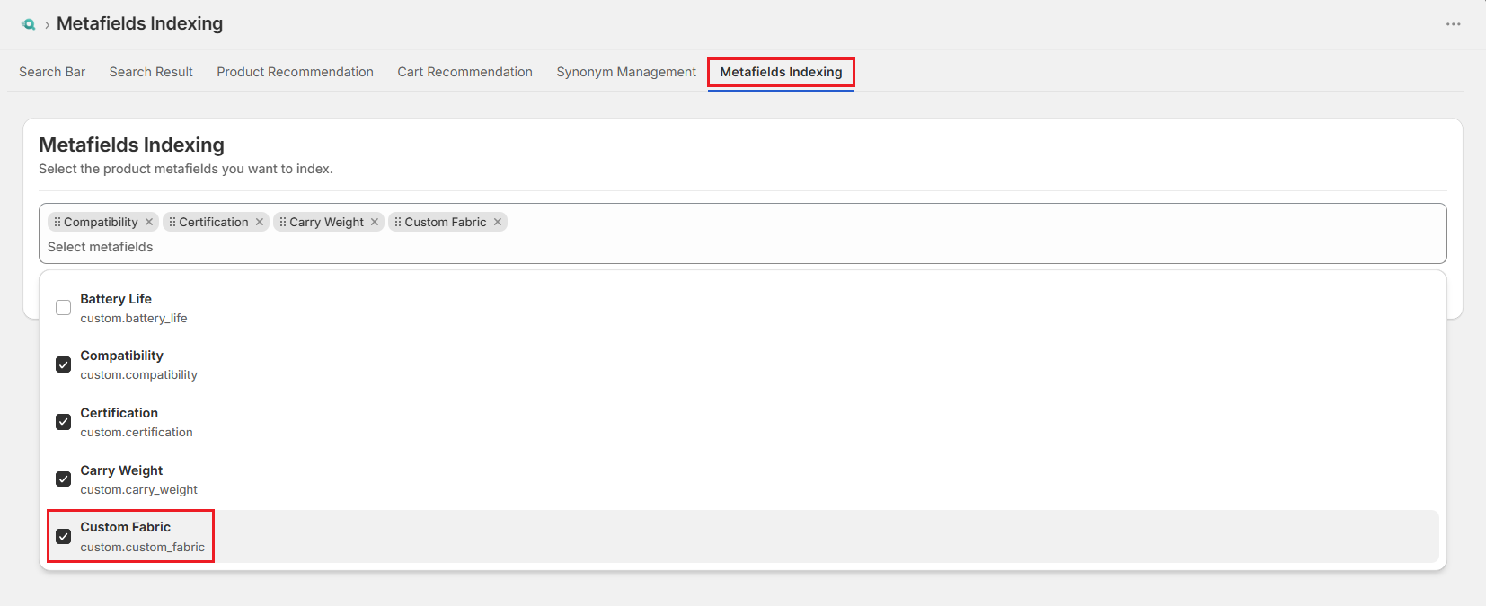 Screenshot of Surge Metafields Indexing Tab-Select Metafields