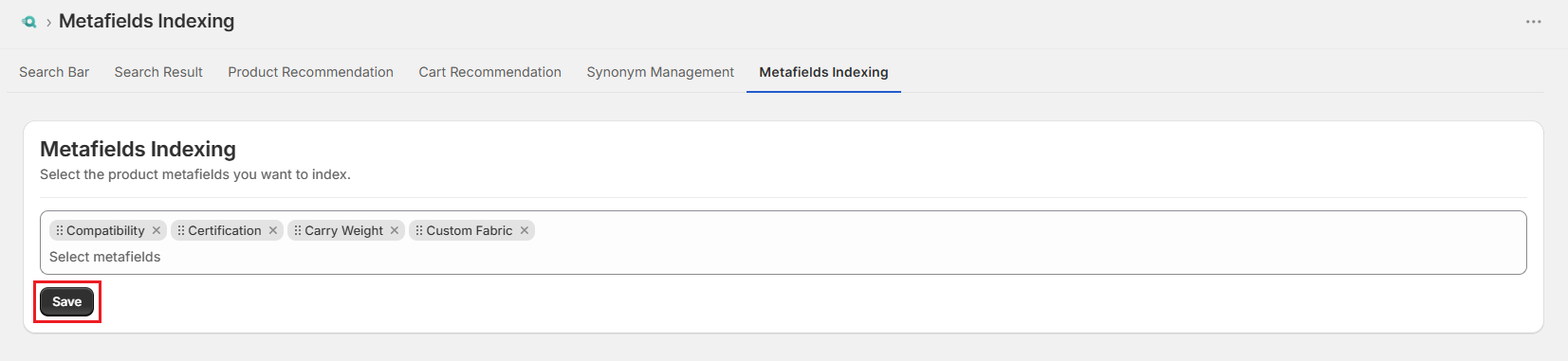 Screenshot of Surge Metafields Indexing Tab-Save Metafields