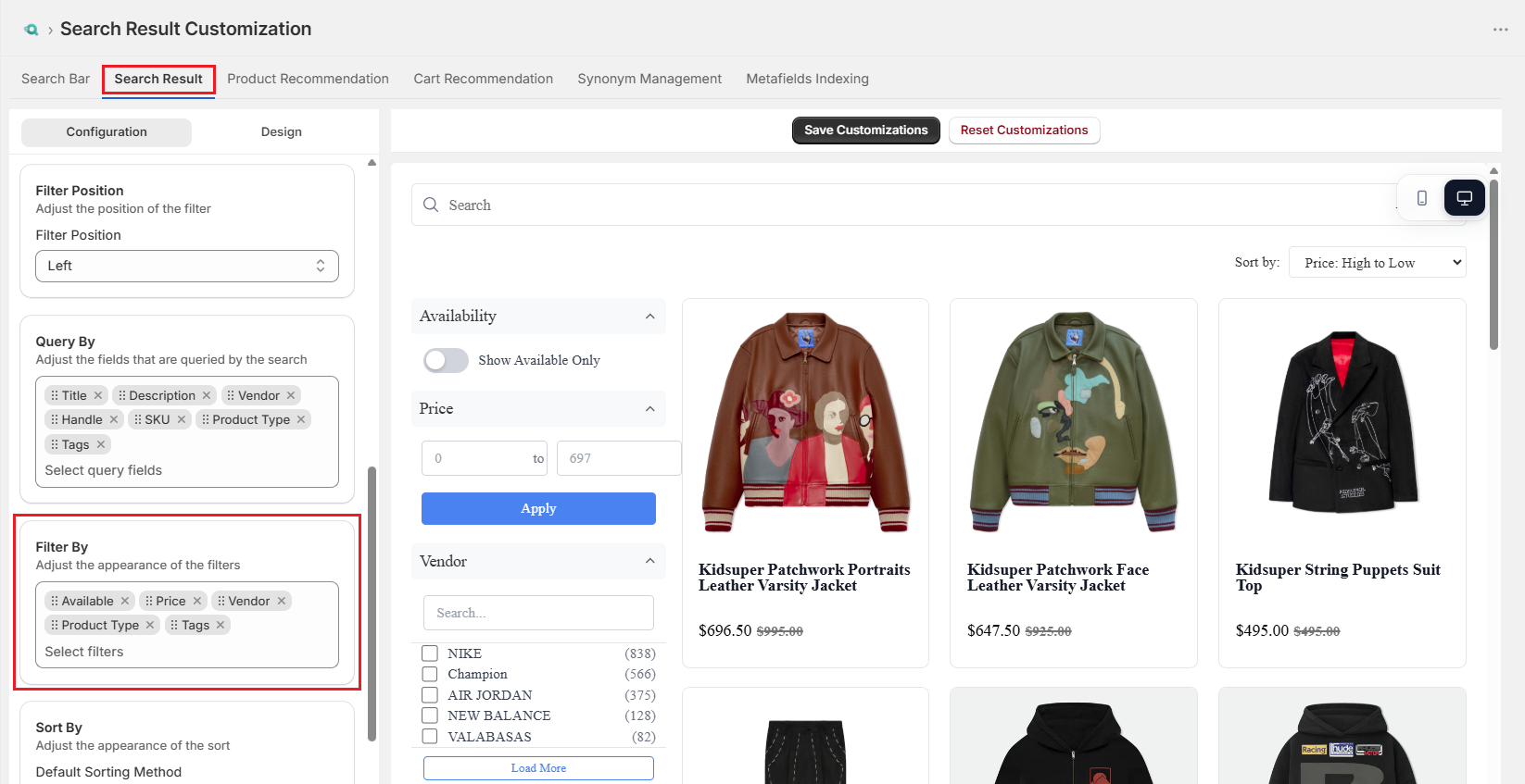 Screenshot of Surge Search Results Tab-Filter By