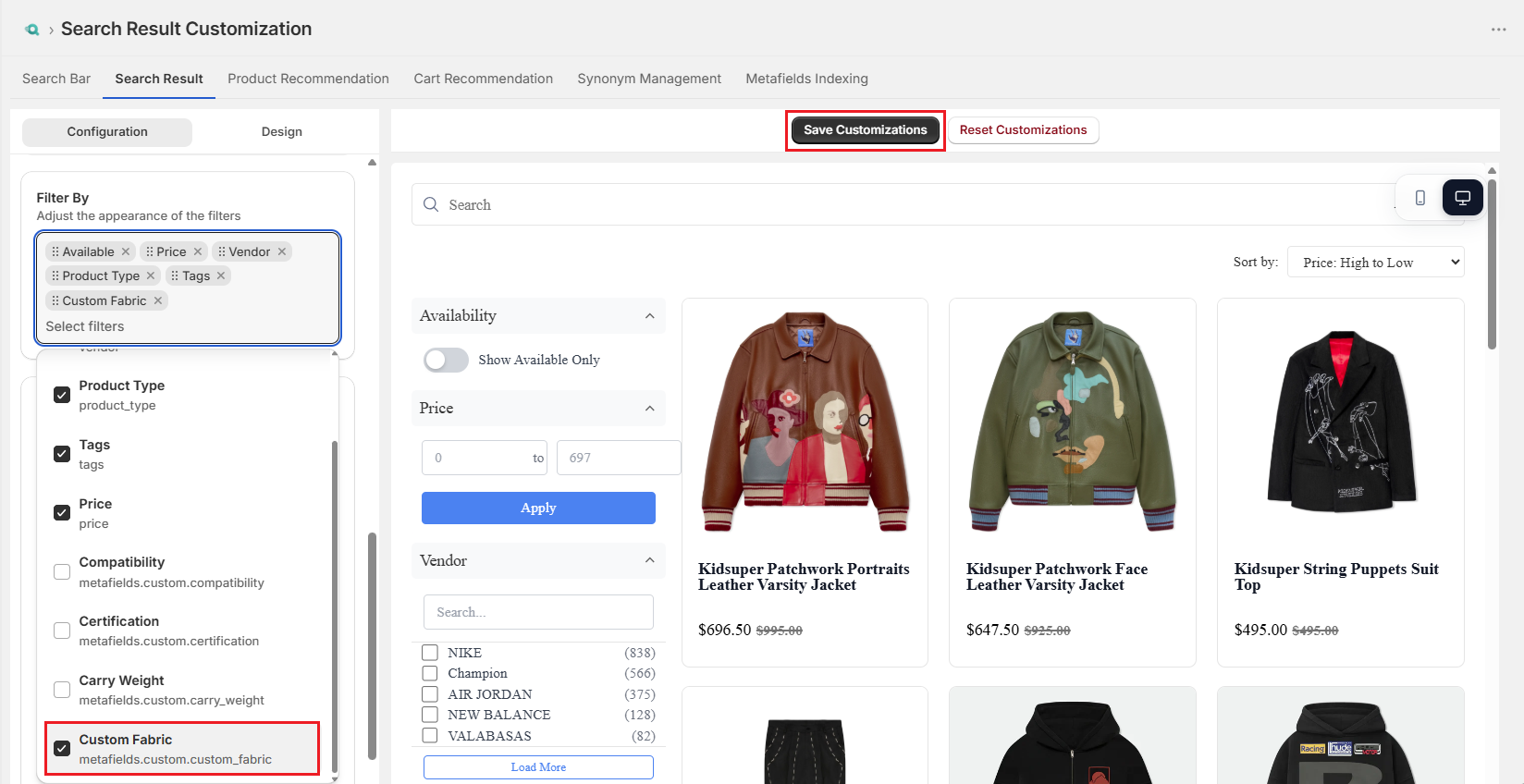 Screenshot of Surge Search Results Tab-Add Metafields As Filter