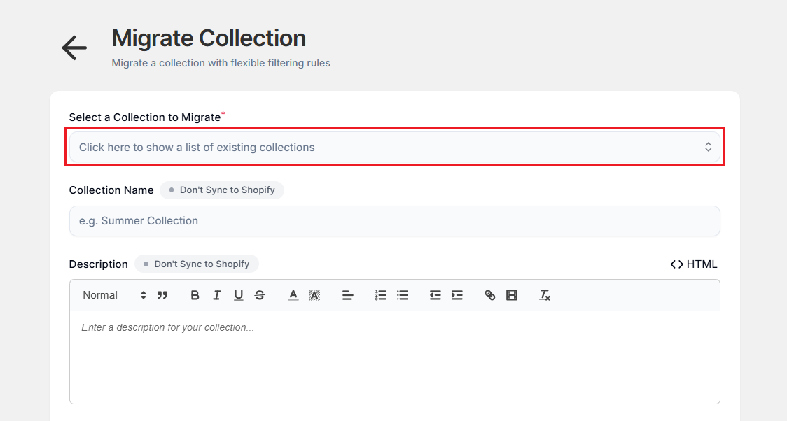 Screenshot of Smart Collections Builder Collection Migration Page