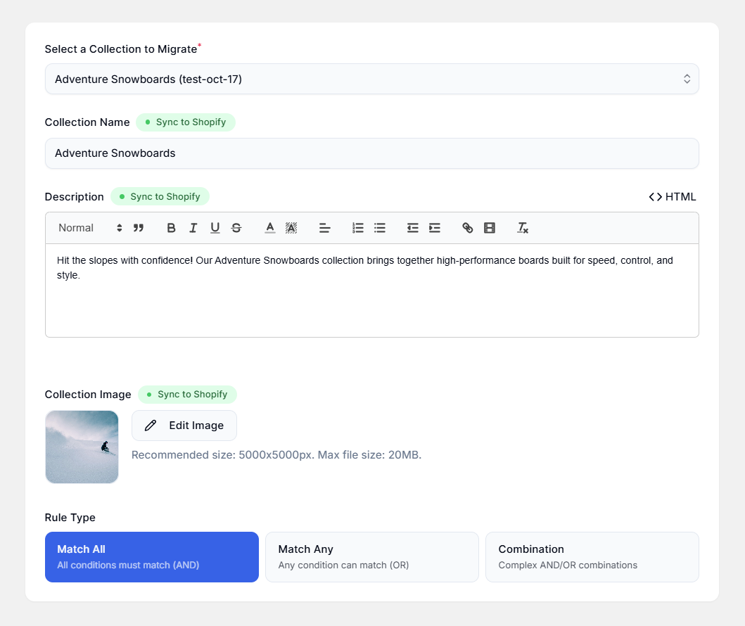 Screenshot of Smart Collections Builder Collection Migration Page-Shopify Sync Toggle On