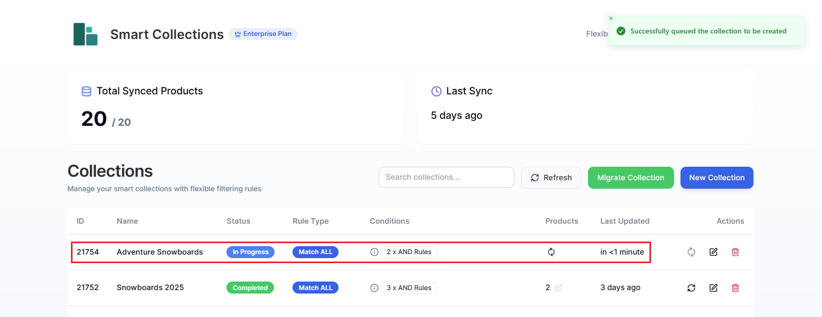 Screenshot of Smart Collections Builder Dashboard-Checking Migration Progress