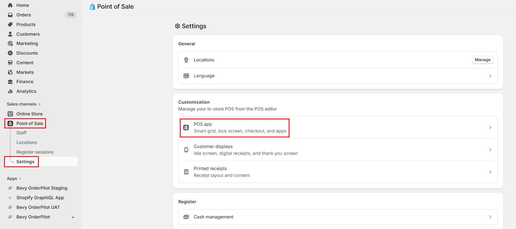 Screenshot of Shopify Admin Point of Sale-Click POS App