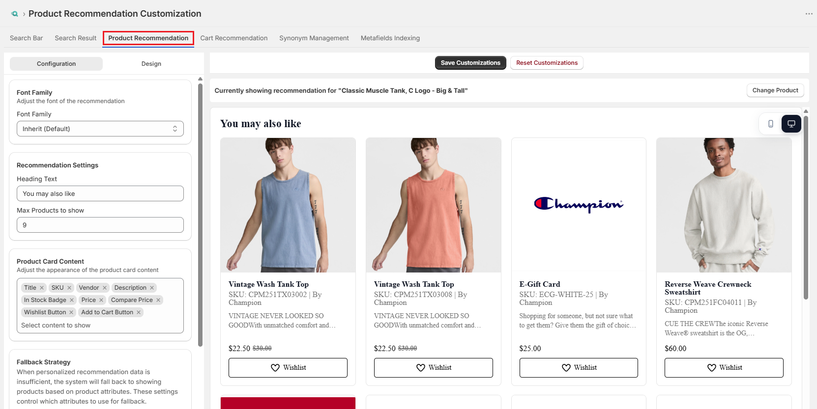 Screenshot of Surge Product Recommendation Customization Tab