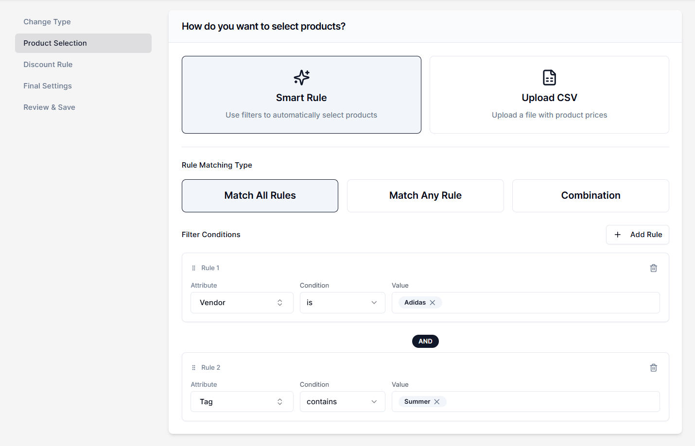 Screenshot of Price Rules Product Selection Method-Smart Rule