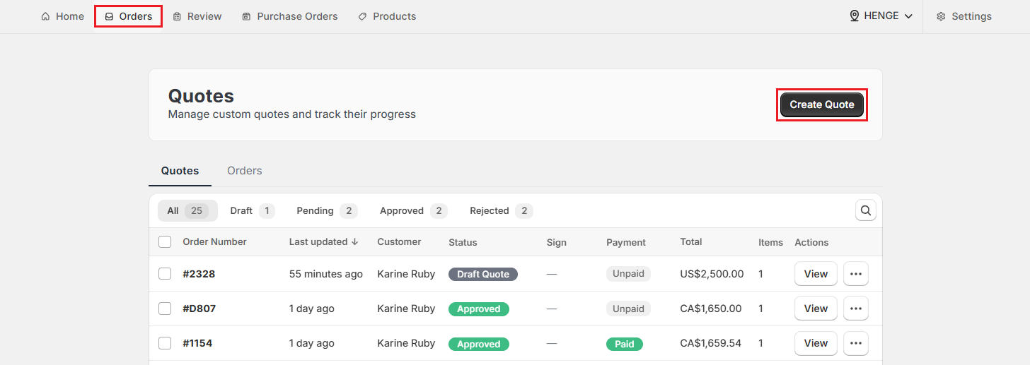 Screenshot of OrderPilot Orders Tab-Click Create Quote