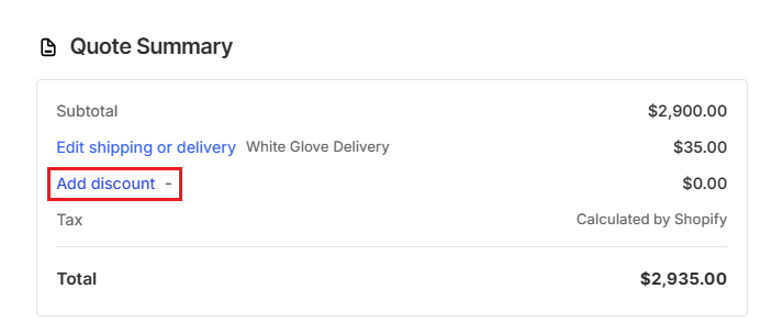 Screenshot of OrderPilot Create Quote-Click Add Discount