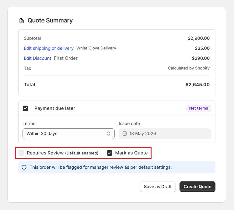 Screenshot of OrderPilot Create Quote-Configure Requires Review and Mark as Quote