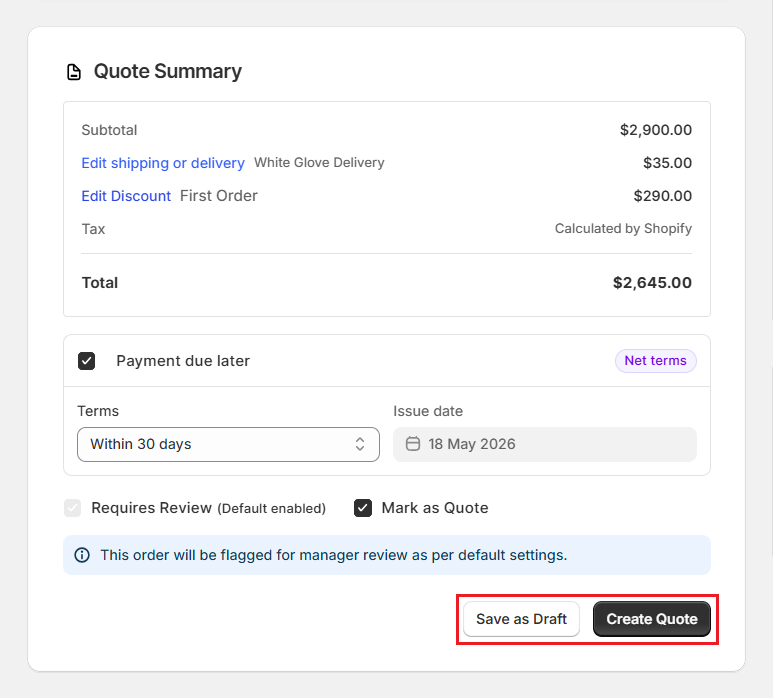 Screenshot of OrderPilot Create Quote-Confirm Quote or Draft
