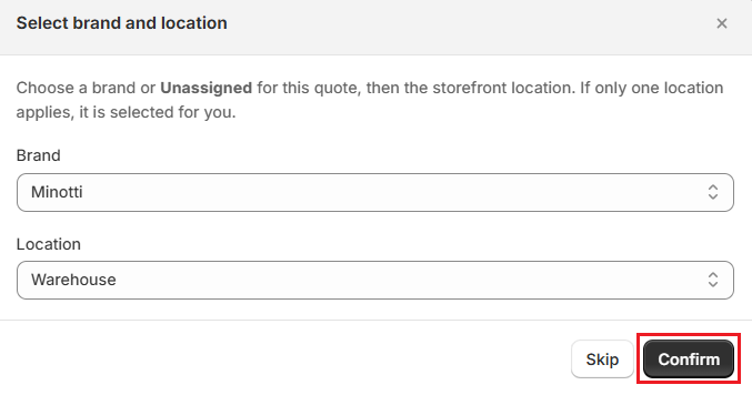 Screenshot of OrderPilot Create Quote-Confirm Location