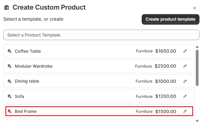 Screenshot of OrderPilot Create Quote-Select Product Template
