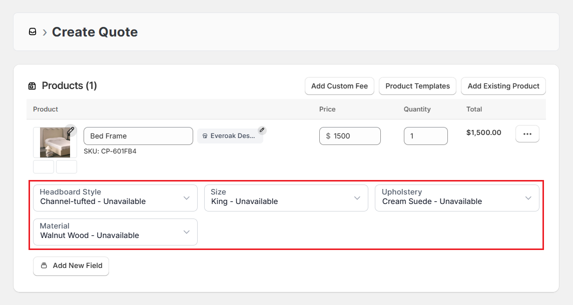 Screenshot of OrderPilot Create Quote-Configure Attributes