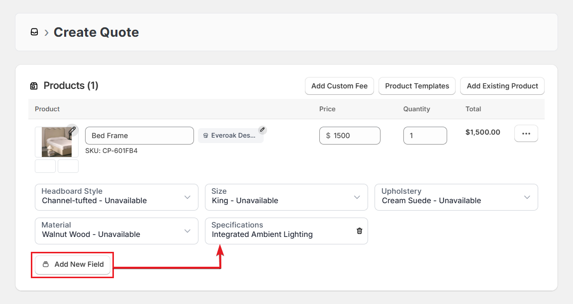 Screenshot of OrderPilot Create Quote-Add Specifications
