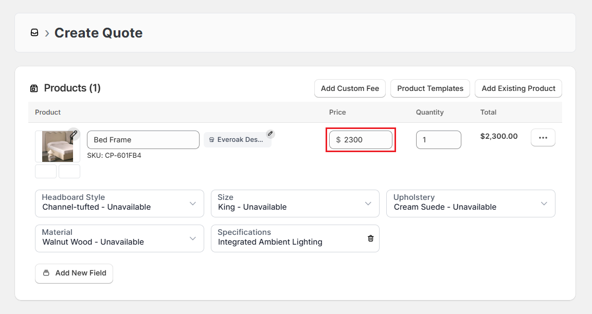 Screenshot of OrderPilot Create Quote-Adjust Price