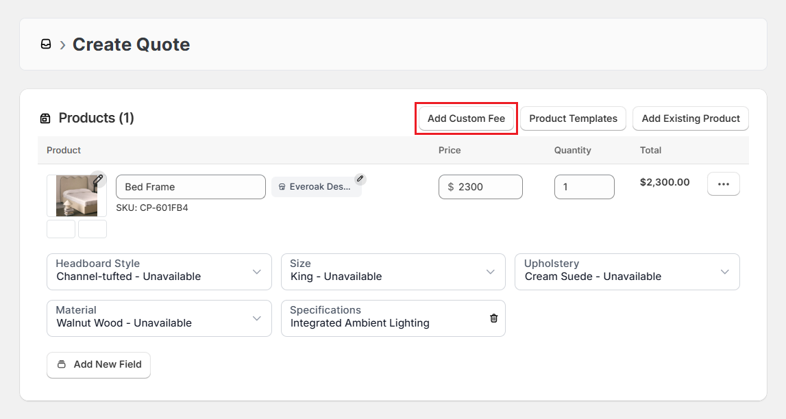 Screenshot of OrderPilot Create Quote-Click Add Custom Fee