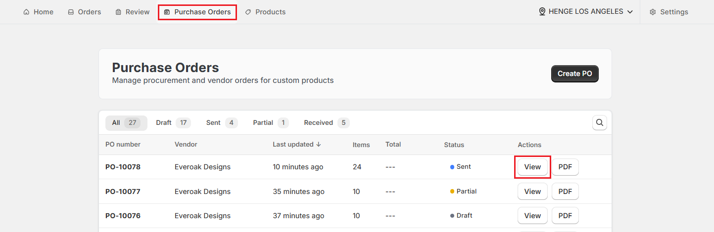 Screenshot of OrderPilot Purchase Orders Tab-Click View