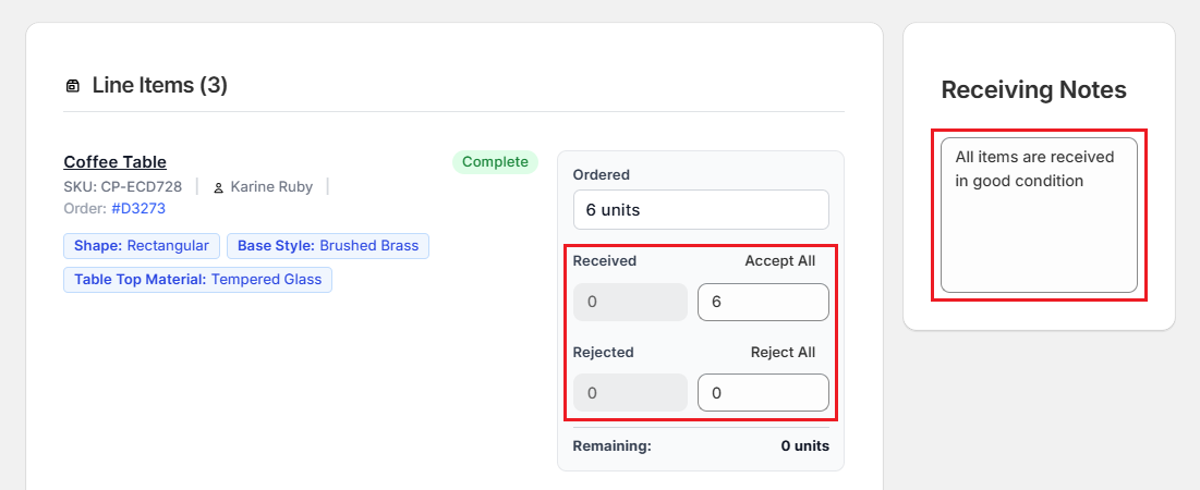 Screenshot of OrderPilot Receive Purchase Order-Enter Received and Rejected Units