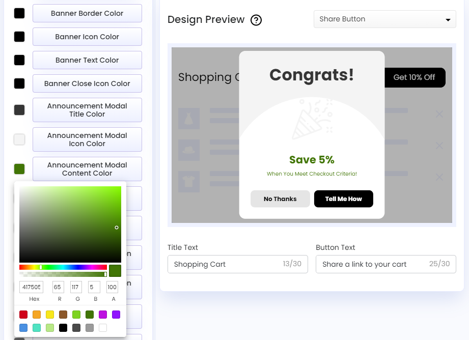 Screenshot of Share Cart Dashboard-Recipient Incentive Announcement Modal Content Color