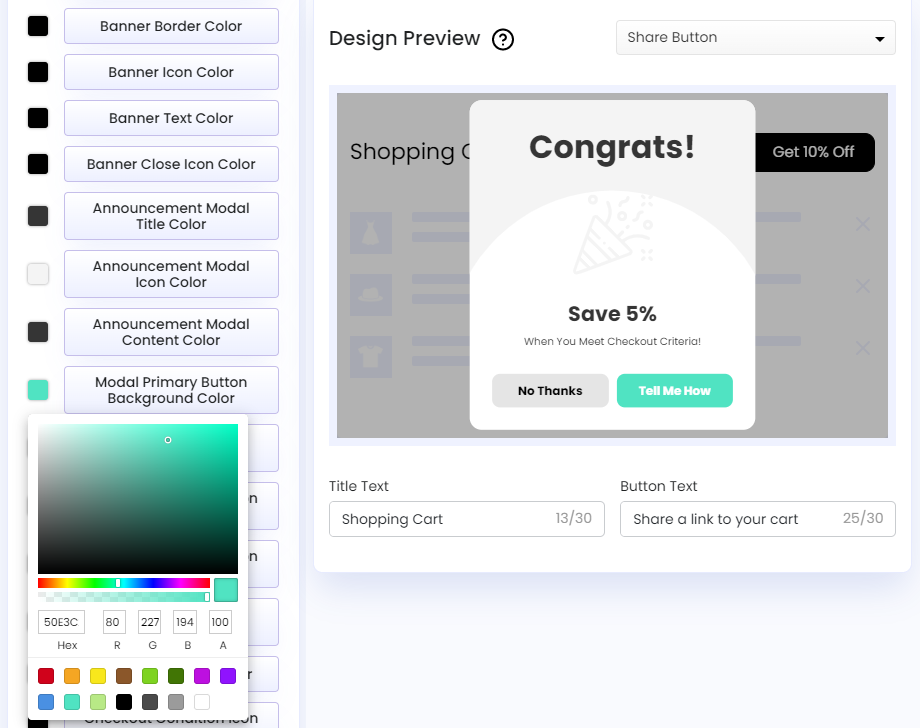 Screenshot of Share Cart Dashboard-Recipient Incentive Announcement Modal Primary Button Background Color
