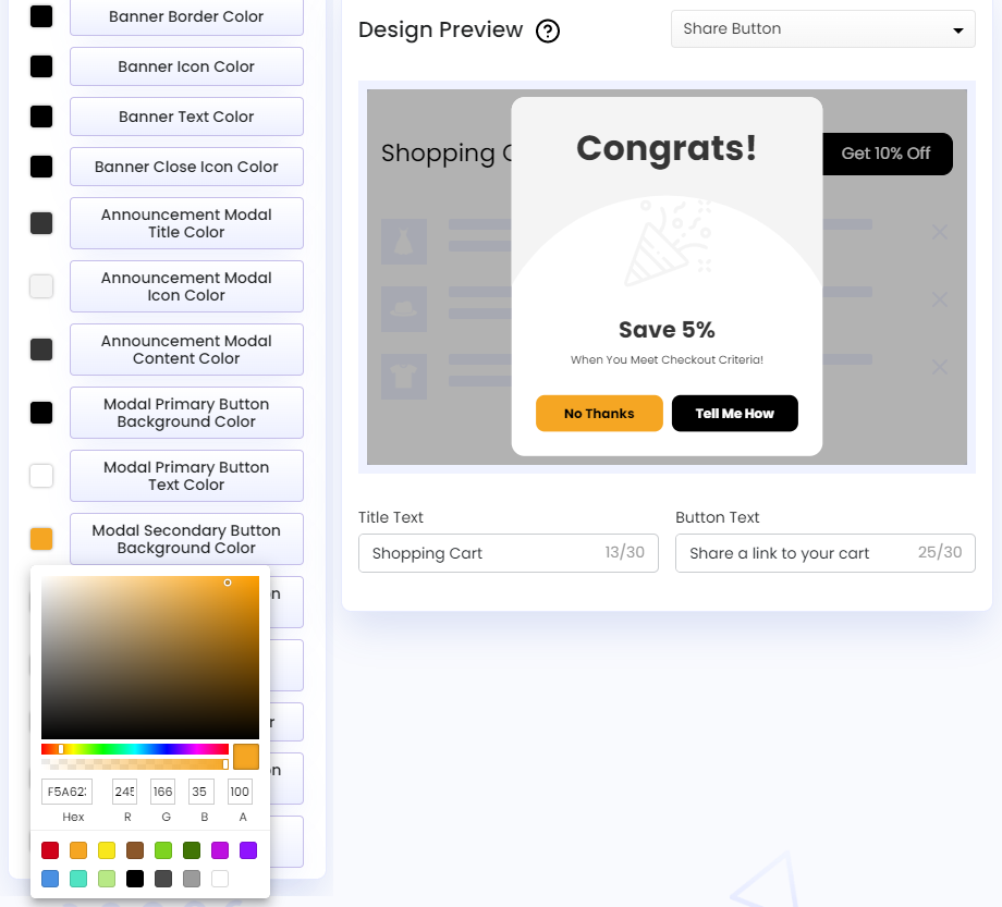 Screenshot of Share Cart Dashboard-Recipient Incentive Announcement Modal Secondary Button Background Color