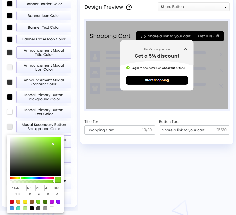 Screenshot of Share Cart Dashboard-Discount Modal Checkout Condition Icon Color