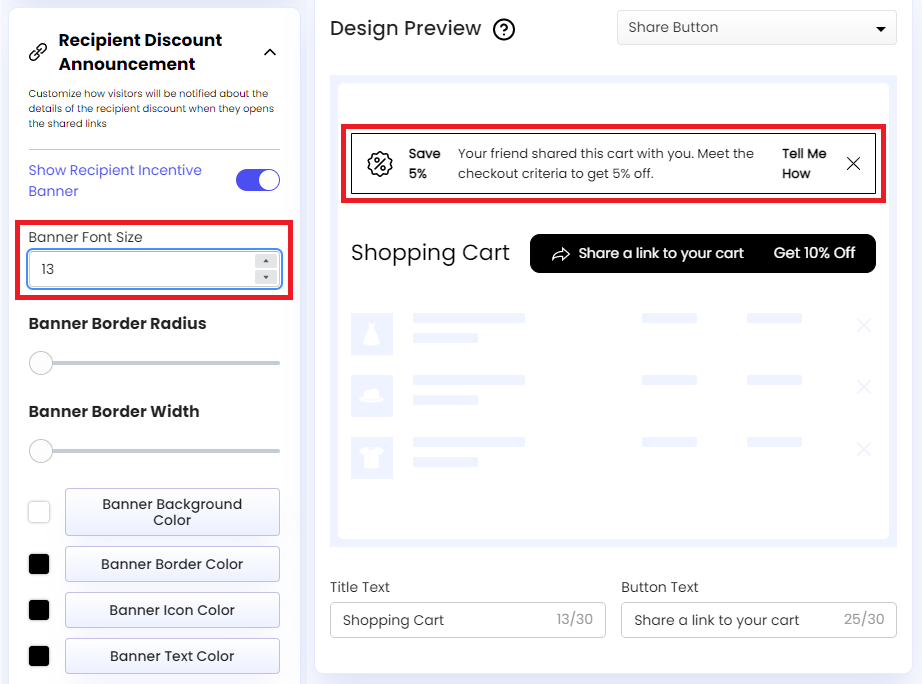 Screenshot of Share Cart Dashboard-Recipient Incentive Banner Font Size