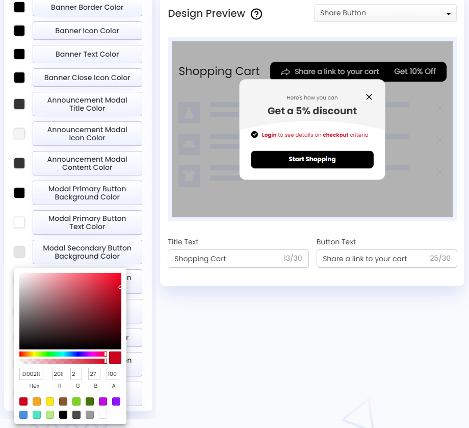 Screenshot of Share Cart Dashboard-Discount Modal Checkout Condition Color