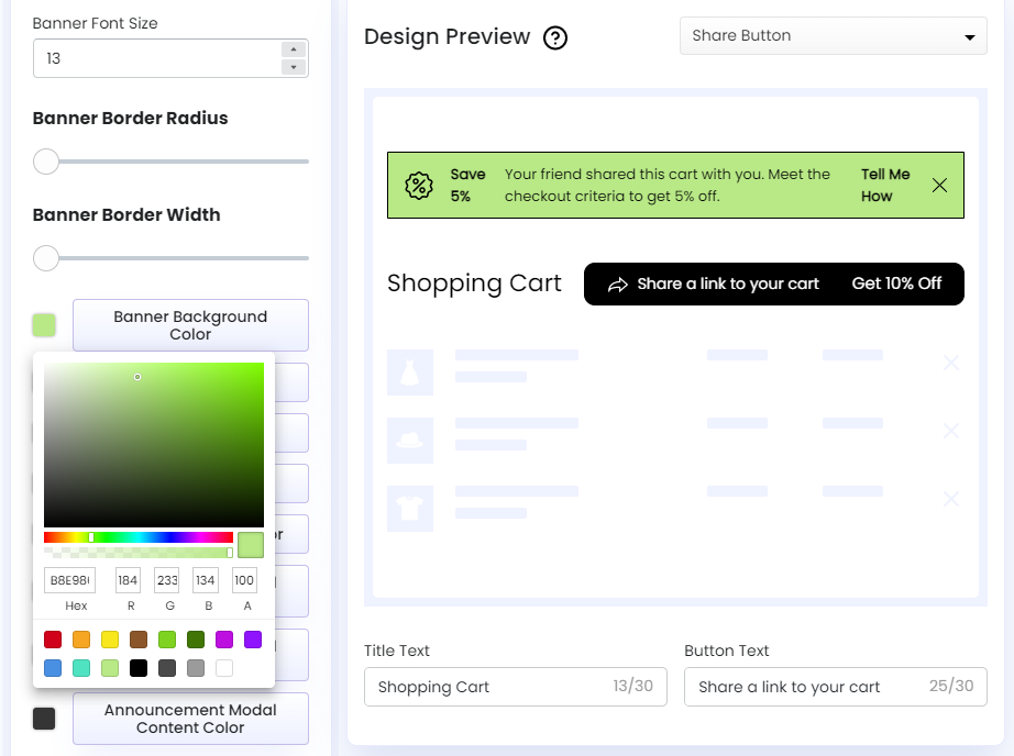 Screenshot of Share Cart Dashboard-Recipient Incentive Banner Background Color