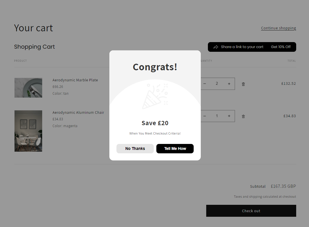 Screenshot of Recipient Incentive Announcement Modal on Cart Page