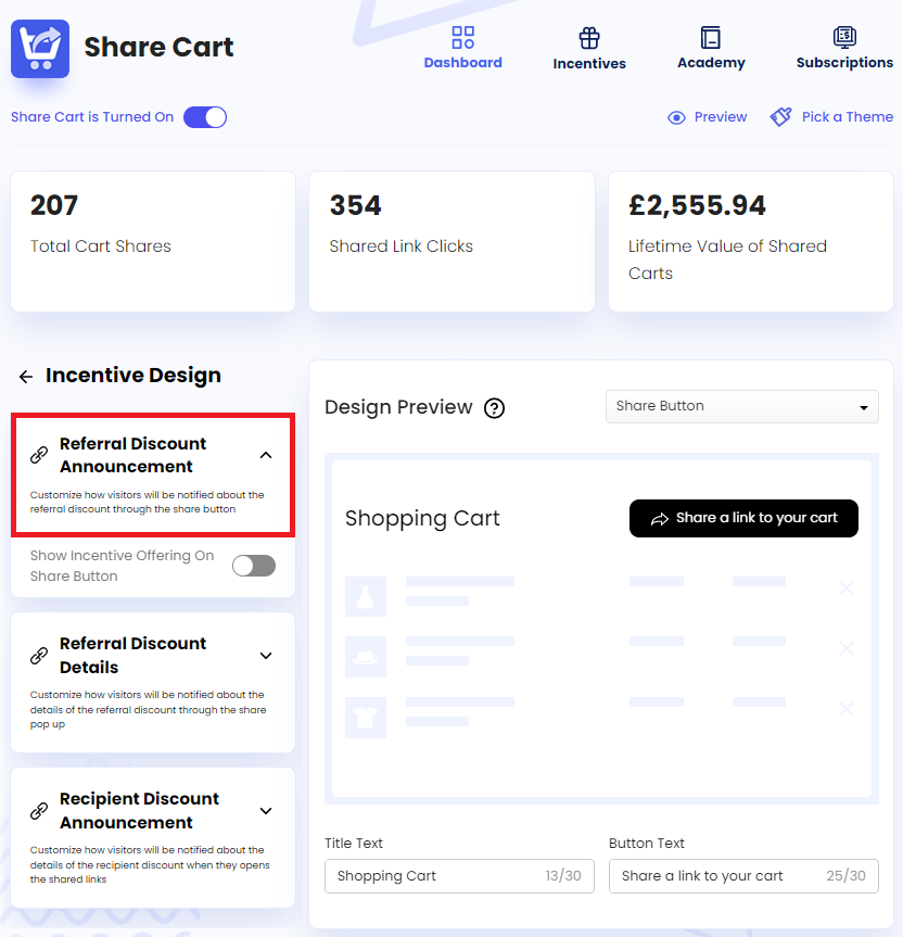 Screenshot of Share Cart Dashboard-Clicking on Referral Discount Announcement