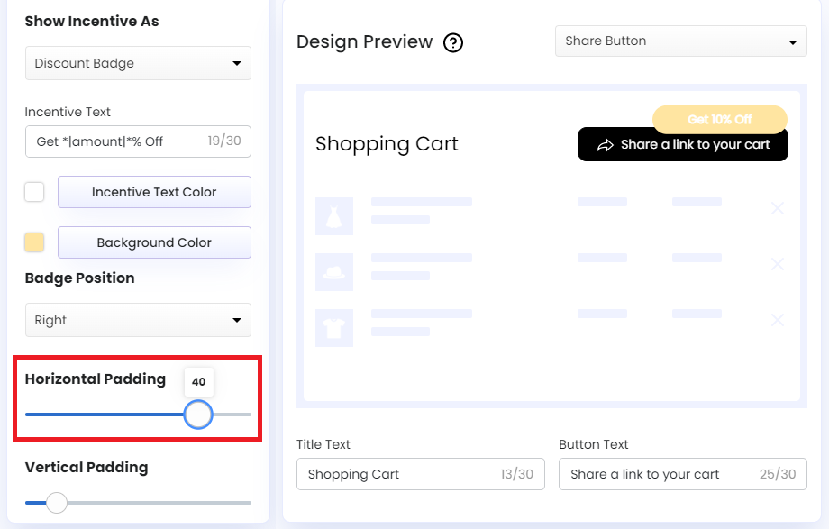 Screenshot of Share Cart Dashboard-Horizontal Padding of Discount Badge