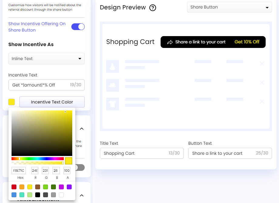 Screenshot of Share Cart Dashboard-Incentive Text Color