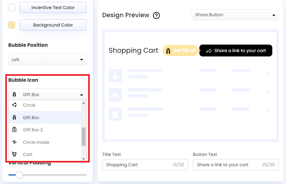 Screenshot of Share Cart Dashboard-Bubble Icon