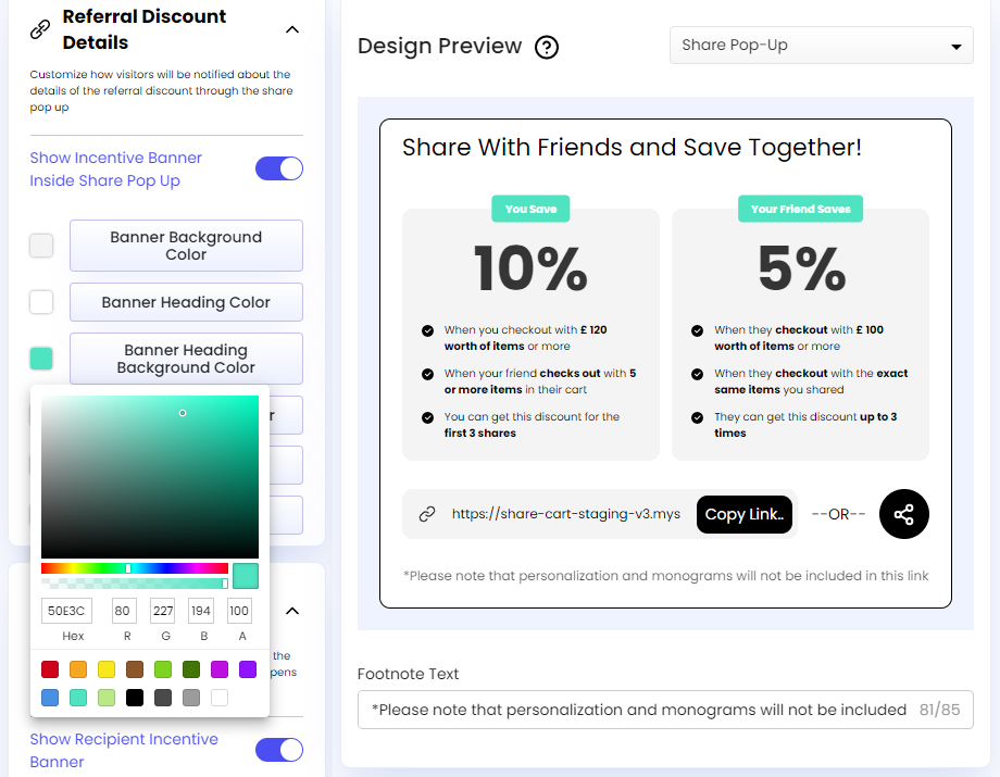 Screenshot of Share Cart Dashboard-Referrer Incentive Banner Heading Background Color