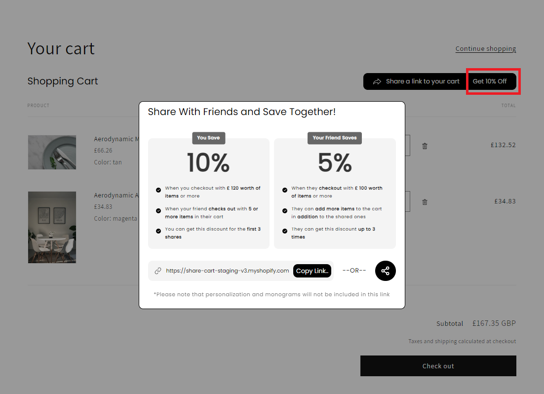 Screenshot of Referrer Incentive Modal on Cart Page