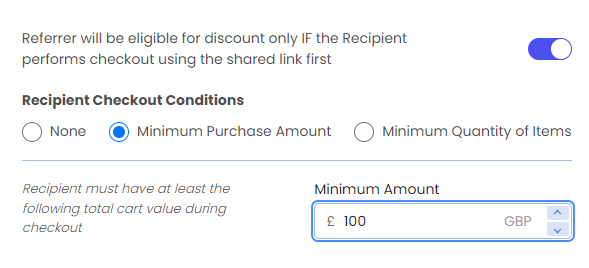 Screenshot of Share Cart Incentives Tab-Recipient Checkout Conditions for Referrer