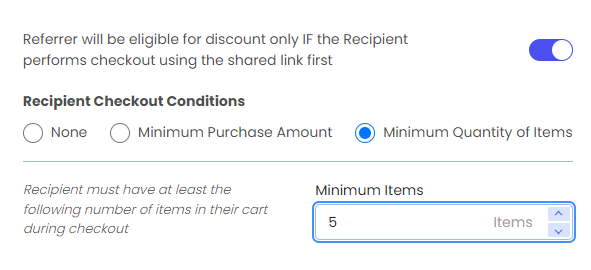 Screenshot of Share Cart Incentives Tab-Recipient Checkout Conditions for Referrer