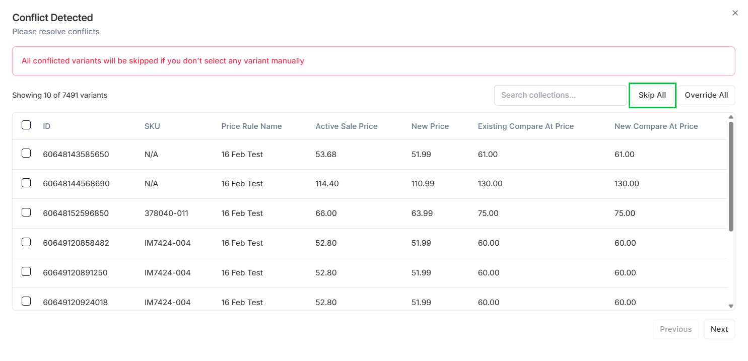 Screenshot of Price Rules Conflict Detection Modal-Skip All