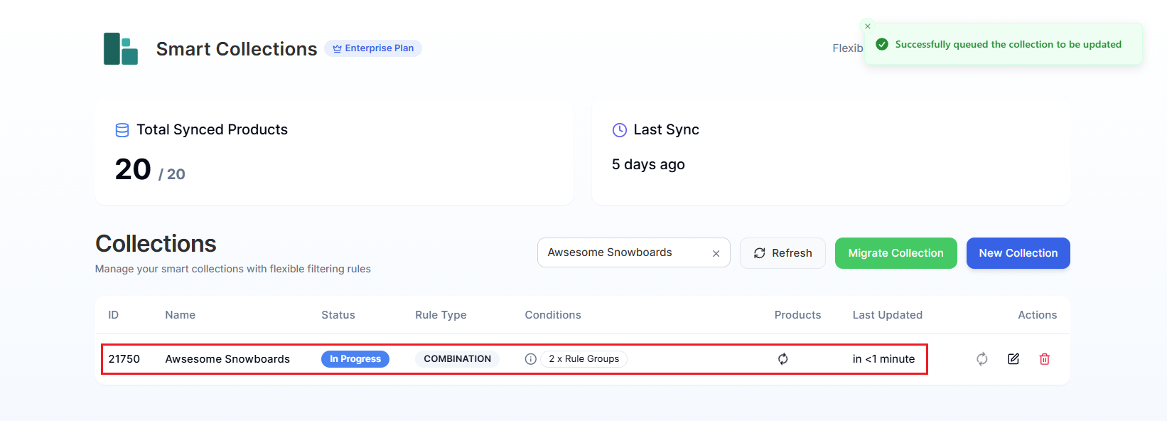 Screenshot of Smart Collections Builder Dashboard-Checking Resync Progress