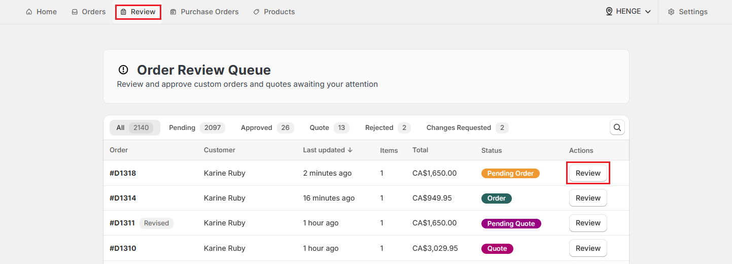 Screenshot of OrderPilot Review Tab-Click Review