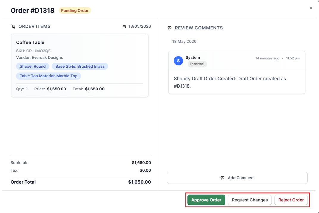 Screenshot of OrderPilot Review Order-Approve, Reject, or Request Changes