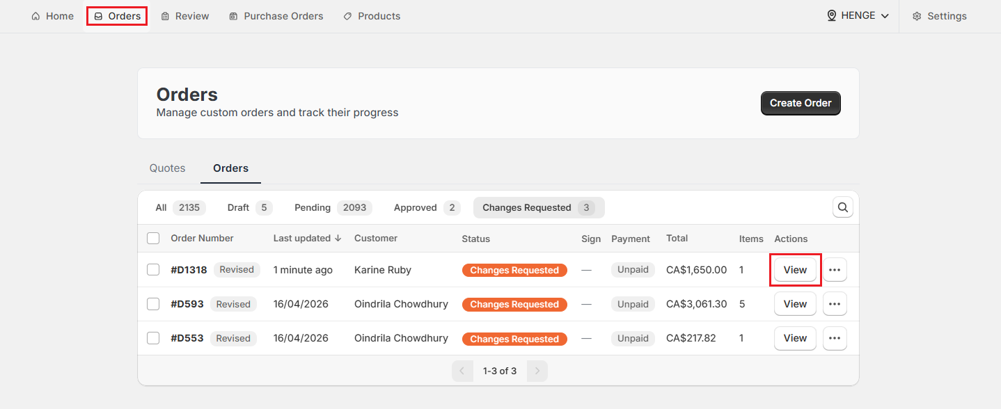 Screenshot of OrderPilot Orders Tab-Click View to See the Changes Requested