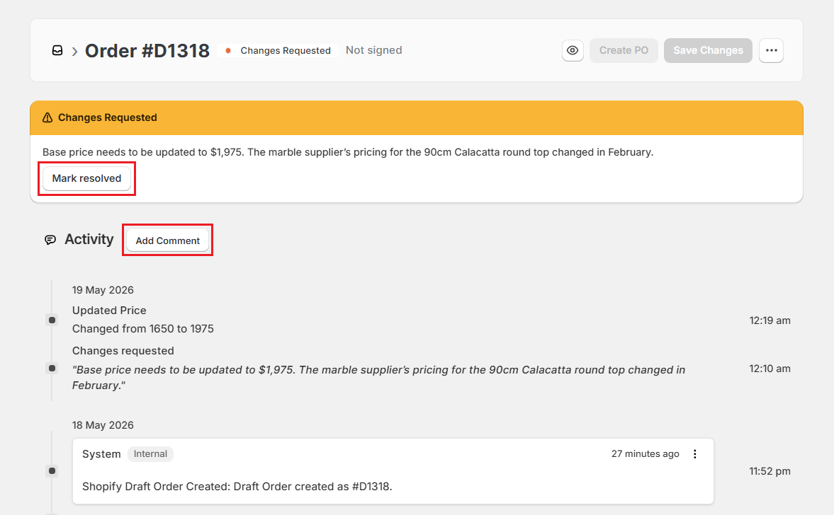 Screenshot of OrderPilot Make the Changes Requested and Mark as Resolved