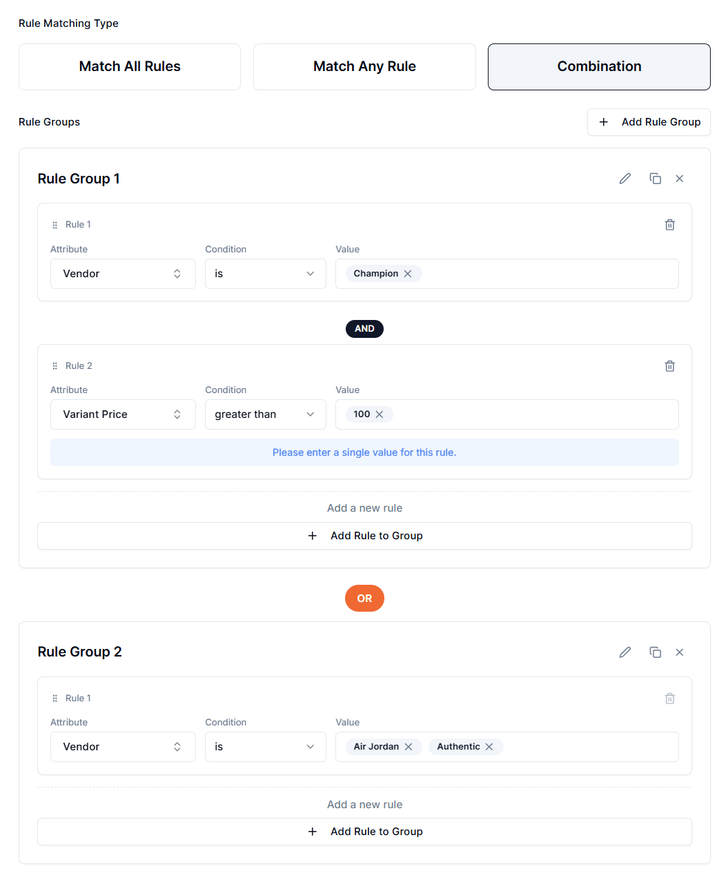 Screenshot of Price Rules Matching Types-Combination