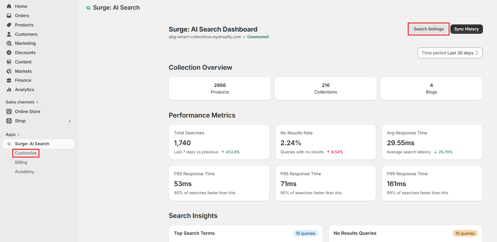 Screenshot of Surge Dashboard-Click Search Settings or Customize