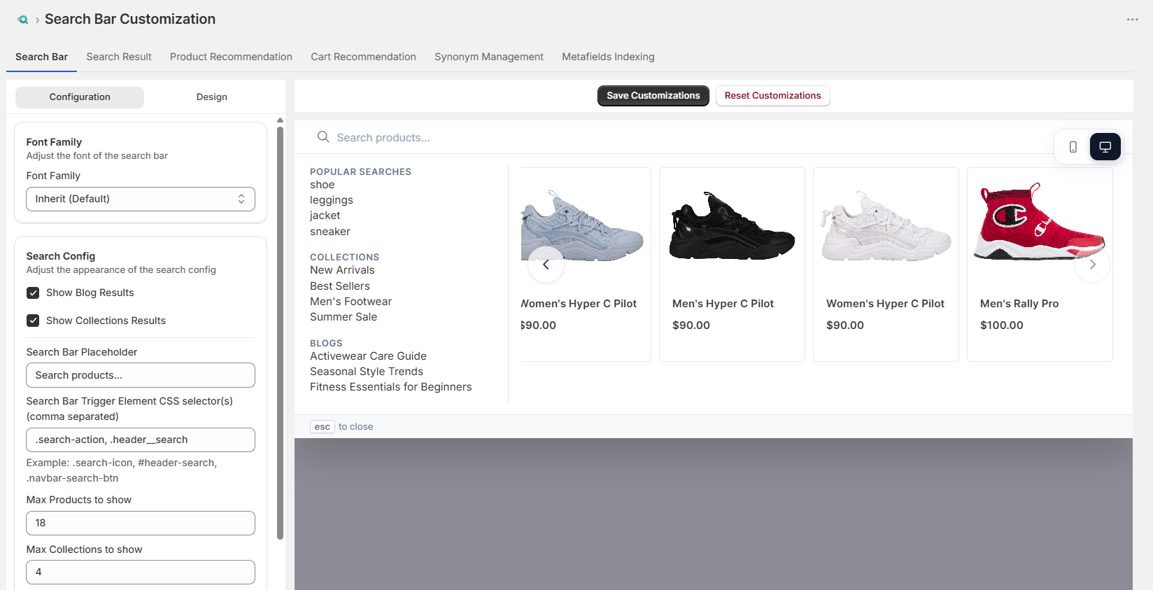 Screenshot of Surge Search Bar Customization Tab